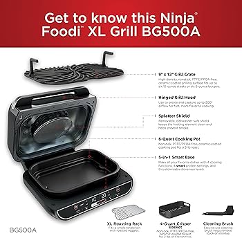 Ninja® Foodi™ XL 5-in-1 Indoor Grill with 4-Quart Air Fryer, Roast, Bake, & Dehydrate BG500C - Refurbished